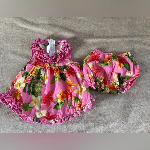 RJC Hawaiian Pink Floral Baby Dress Set 12M Luau Tropical - Picture 5 of 6